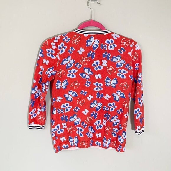 Talbot's red blue butterfly elbow sleeve button front waist length cardigan - Picture 5 of 8